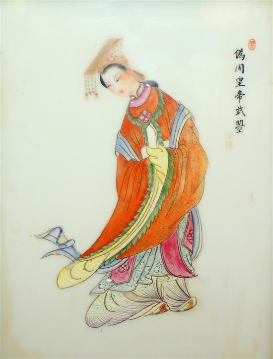 A Chinese famille rose rectangular plaque, 20th century, 29.5 x 21.5cm, wood frame